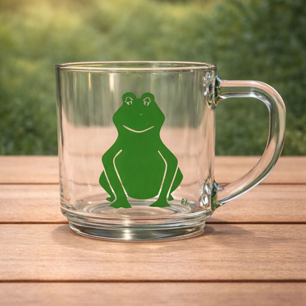 Vintage Arcoroc France Clear Glass Mug Green Frog Graphic Coffee Tea Cup